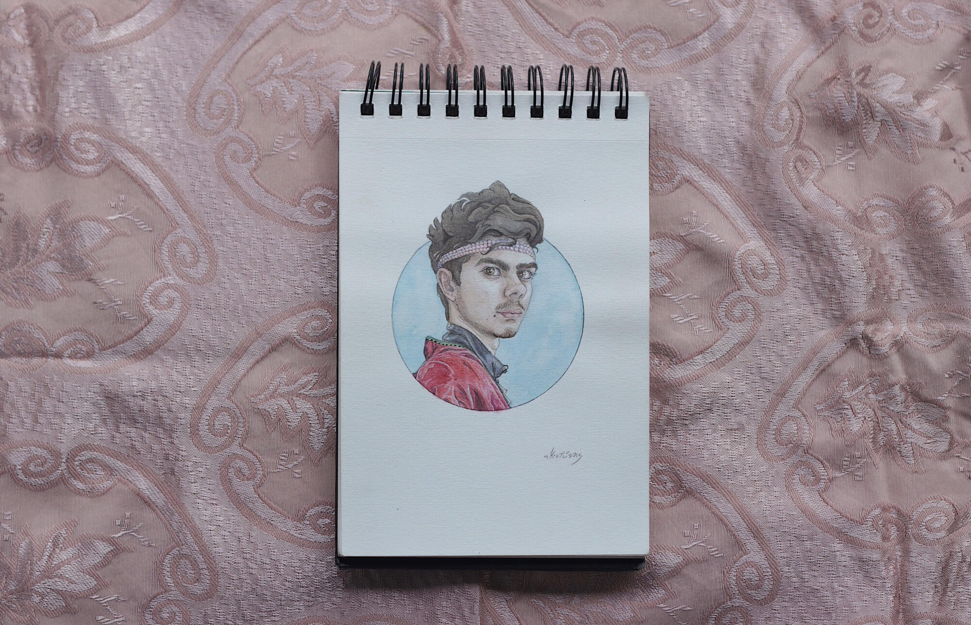 Self portrait with pearl string, 2020. Watercolour on paper 19Ă—14cm